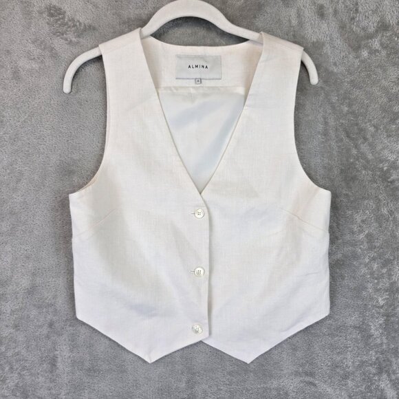 Almina Concept Linen Vest Womens S Ivory White Lined Tailored Button Front Top - Picture 1 of 10